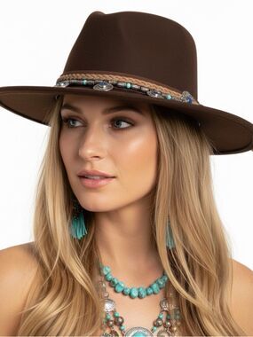 Dark Brown Wide Brim Fedora Concho Braided Band NWT